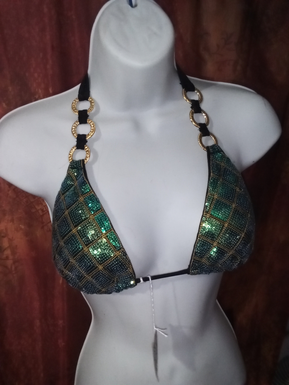 Green Sequin Triangle Bikini Top with Gold Ring Halter Straps